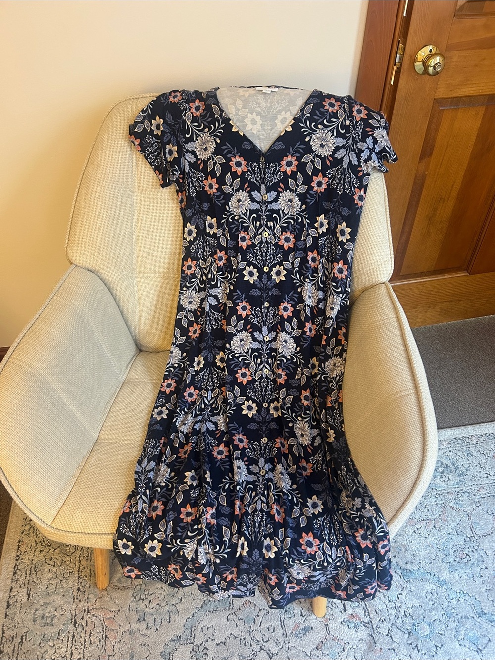 J. Jill Navy Floral V-Neck Midi Dress with Pink Accents